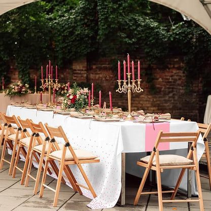 16Pack Disposable Plastic Tablecloths and Satin Table Runner Set White and Pink - Image 7
