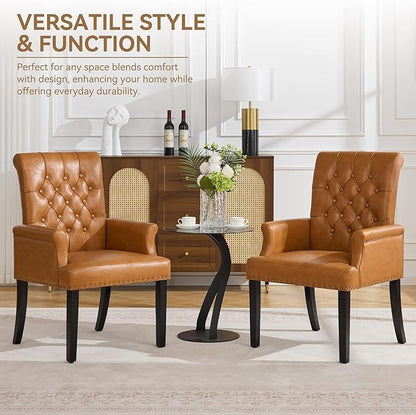 PU Leather Dining Chair with Arms, Upholstered Tufted High Back Dining Room Chairs, Accent Armchair with Solid Wood Leg and Nailhead Trim, Kitchen Dining Living Room, Brown