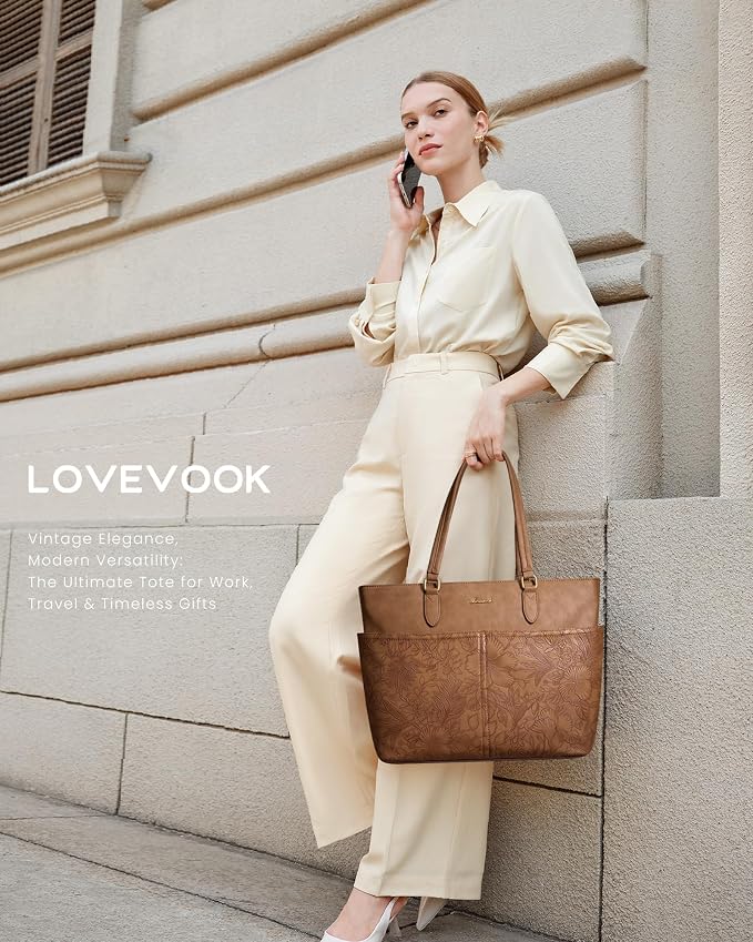 LOVEVOOK Work Tote Bags for Women, Embossed Retro Leather 15.6 Inch Laptop Bag - Image 2