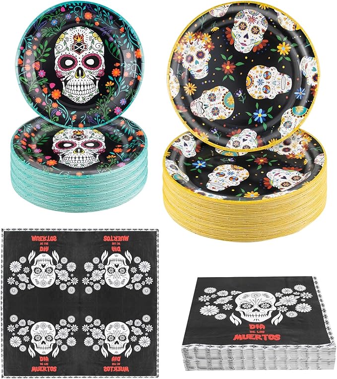 180Pcs Day of the Dead Party Supplies Paper Plates and Napkins Serve 60 | by Hpscdyo