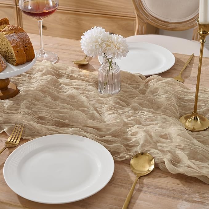 3 Pack Tan Beige Cheesecloth Table Runners, 120 Inch 10Ft Gauze Table Runner - Image 2