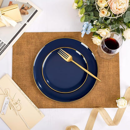 bUCLA 100PCS Blue Plastic Plates - Navy Blue Disposable with Gold Rim, Include 50 Each (10 inch Dinner & 7 inch Dessert) Plates, Ideal for Party and Hanukkah