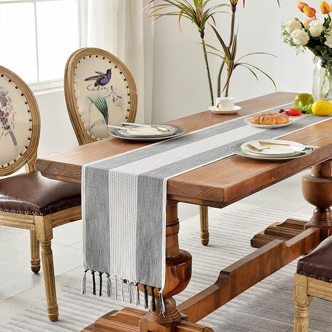 Wracra Linen Table Runner, Stripe Table Runners 36 Inches Long Black | Delicate - Image 5