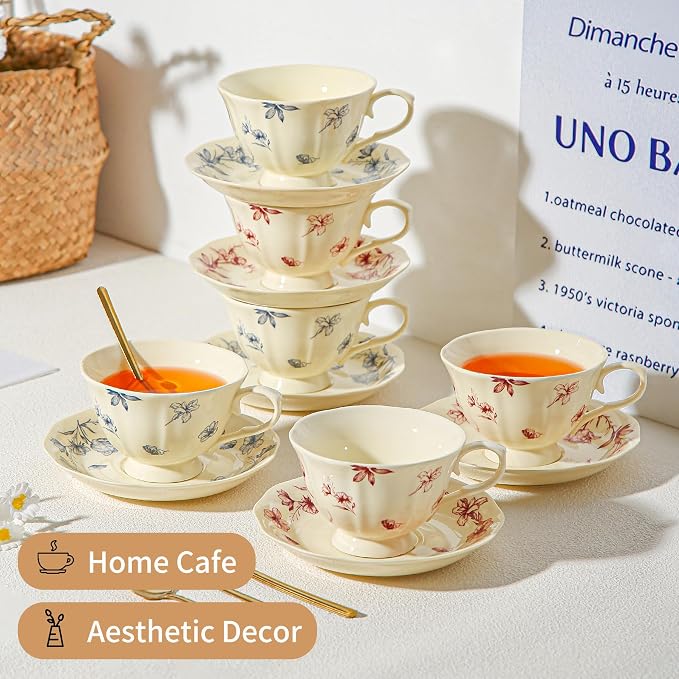 Vintage Fancy Porcelain Tea Cups and Saucers Set of 6, 8 oz China Ceramic - Image 5