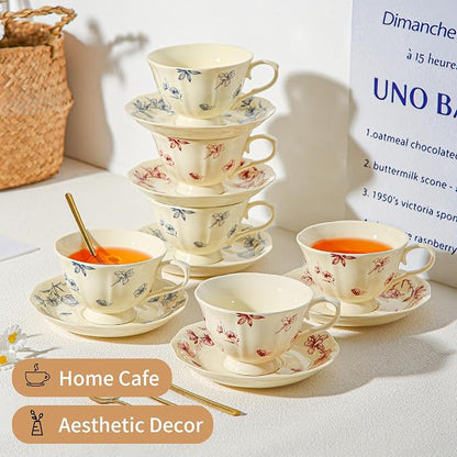 Vintage Fancy Porcelain Tea Cups and Saucers Set of 6, 8 oz China Ceramic - Image 5