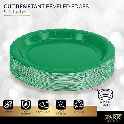 Disposable Paper Plates Green, 7 Inch Paper Dessert Plates, Strong and Sturdy Disposable Plate for Party, Dinner, Holiday, Picnic, or Travel Party Plate, Pack of 50