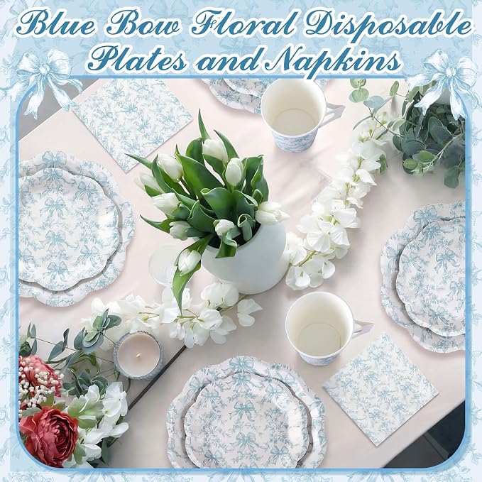 Pickmesh 252 Pcs Blue Bow Floral Tea Party Supplies - Image 5
