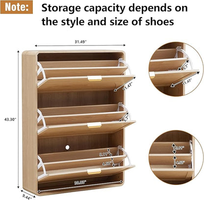 Narrow Hidden Shoe Organizer Cabinet Storage for Entryway, Modern Slim and Skinny Shoe Rack Cabinet with Flip Drawers for Entrance, Hallway - Natural