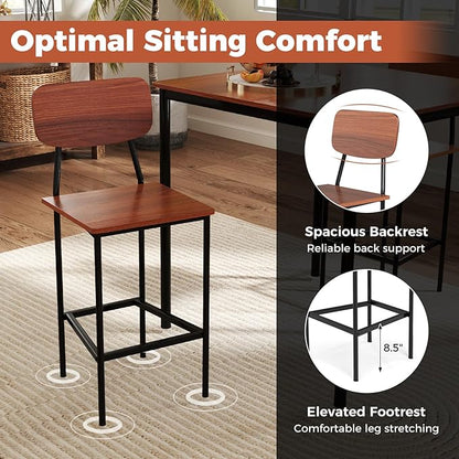 COSTWAY Dining Table Set for 4, 5-Piece Square Kitchen Nook Dinette Set with 4 Bar Stools with Footrest, Backrest, Space-Saving Design, Industrial Kitchen Table and Chairs for Apartment, Walnut