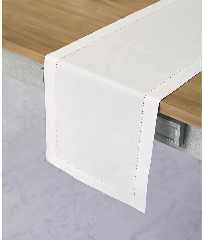 Solino Home Cotton Linen Dining Table Runner White Hemstitch, 14 x 144 in | - Image 2