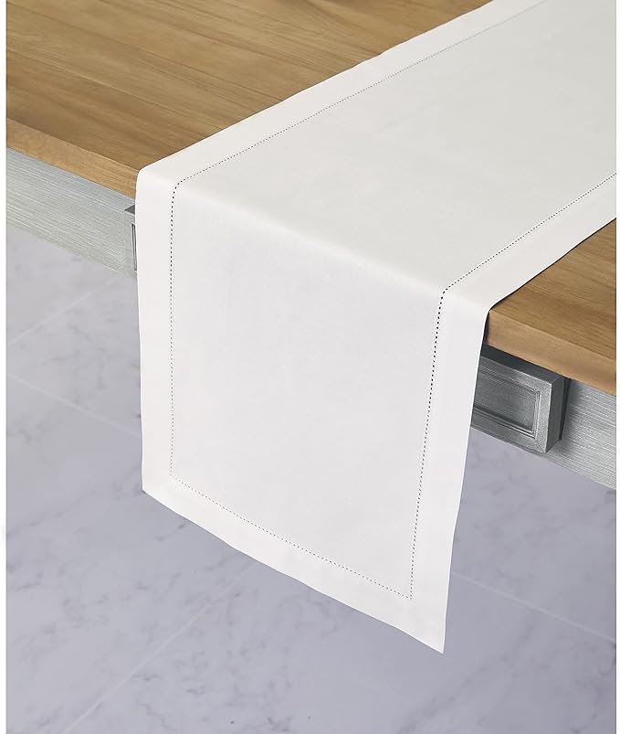 Solino Home Cotton Linen Dining Table Runner White Hemstitch, 14 x 132 in | - Image 2