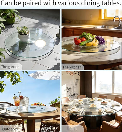 28" Glass Lazy Susan for Dining Table, Glass Turntable Table Centerpiece with 6 Rotating Wheels, 360° Smooth and Silent Spin Tabletop Rotating Tray, for Family Gatherings, Banquets, Weddings, 72 cm