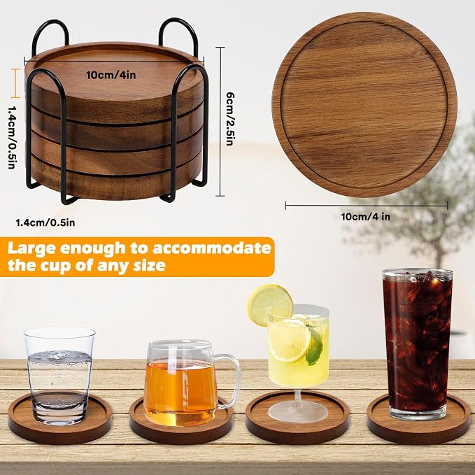 4 Pcs Wood Coasters for Drinks Absorbent, Wooden Coasters - Image 4