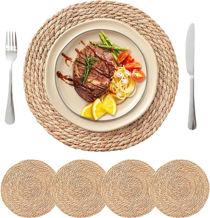13.8'' Round Woven Placemats Set of 4, Boho Wicker Chargers, Terrekraft | by TerrekraftMakeLuxuryTraysAffordable