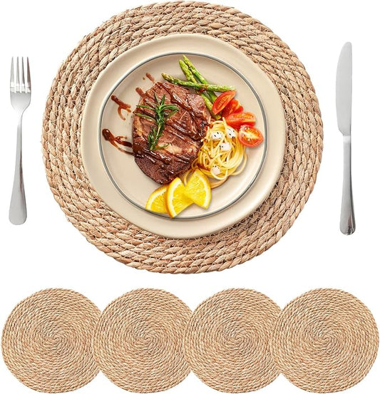 13.8'' Round Woven Placemats Set of 4, Boho Wicker Chargers, Terrekraft | by TerrekraftMakeLuxuryTraysAffordable