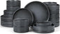 E-far Dinnerware Sets with Pasta Bowls, 24-Piece Stoneware Plates and Bowls Sets for 6 | Microwave & Dishwasher Safe Kitchen Modern Dish Set, Deep Gray
