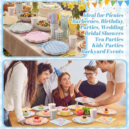 450 Pcs Gingham Tableware Set Decorations, Serves 50 | Pastel Plaid Paper - Image 5