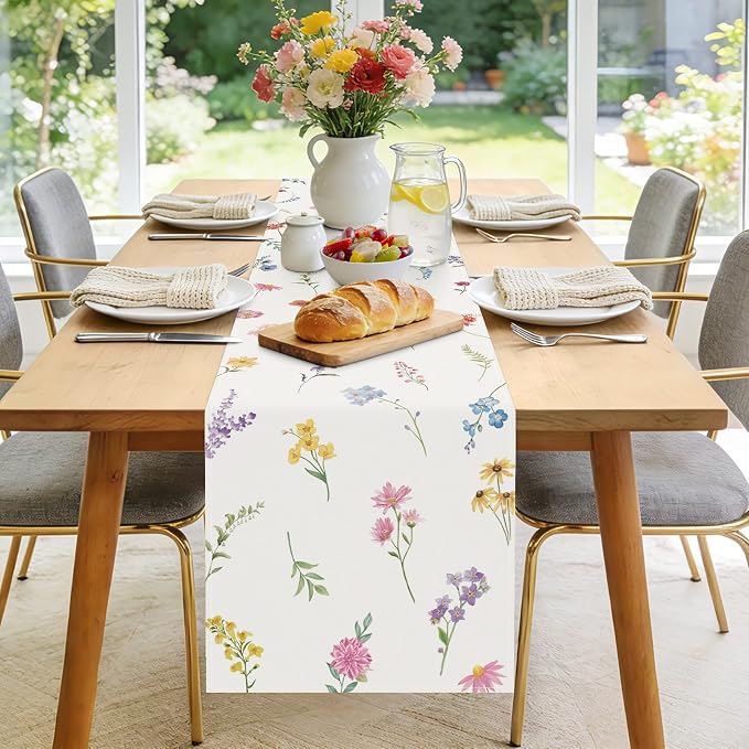 Bonhause Spring Floral Leaves Table Runner 13x90 Inch Colorful Wildflowers - Image 2