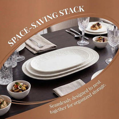 Oval Serving Platter, Embossed White Serving Plates, Stackable Porcelain Tray - Image 7