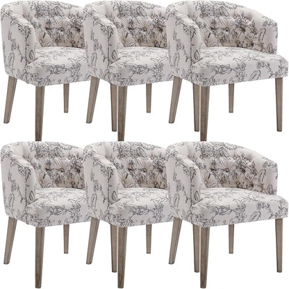 Mid-Century Modern Dining Chairs Set of 6, Tufted Upholstered Linen Dining Room Chairs with Wooden Legs, Floral Pattern