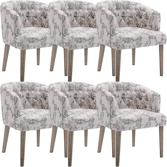 Mid-Century Modern Dining Chairs Set of 6, Tufted Upholstered Linen Dining Room Chairs with Wooden Legs, Floral Pattern