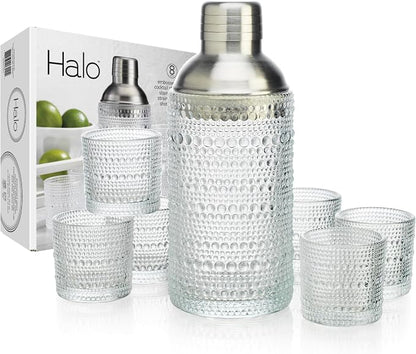 Glaver's Cocktail Shaker Set, Glass 15.2 oz Shaker, 6 Hobnail Shot Glasses by Glavers