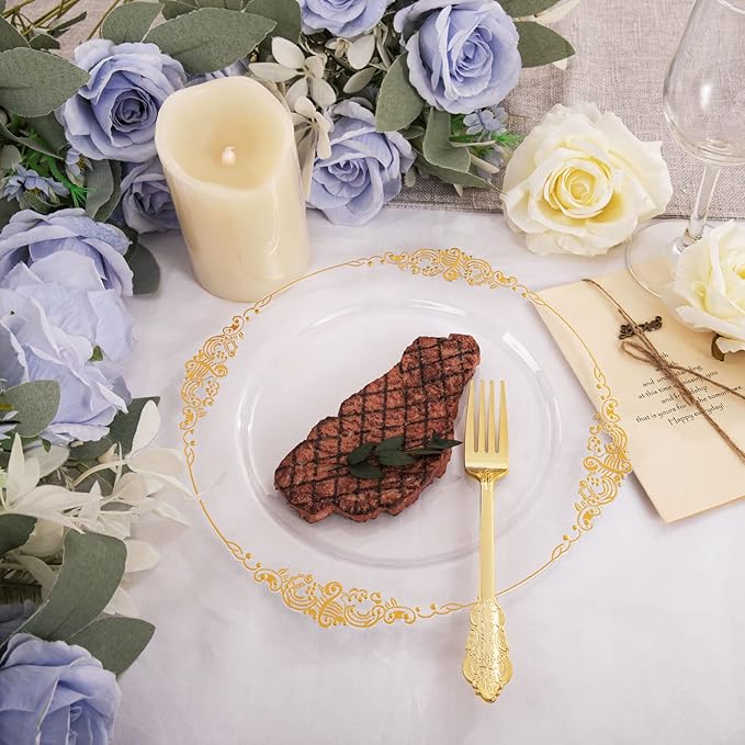 Morejoy 100 Pieces Gold Plastic Plates - Clear Gold Disposable Plates - 10.25inch Clear Plastic Dinner Plates With Gold Rim for Weddings & Parties & Shower