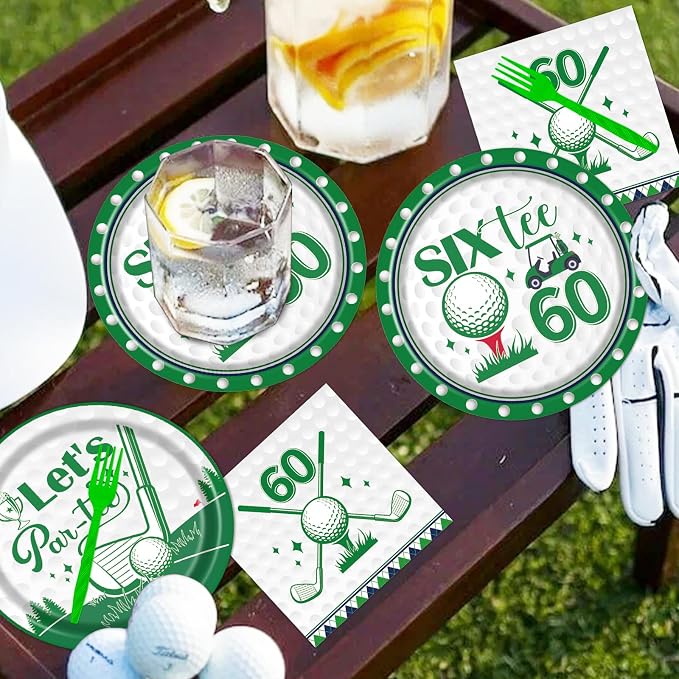 Rakuto Golf 60th Birthday Party Decorations 96PCS Plates Napkins Forks | Golf - Image 5