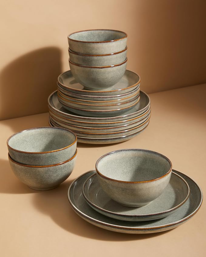 Stoneware Dinnerware Sets for 6, 18 Pieces Ceramic Plates and Bowls Sets by Pokini