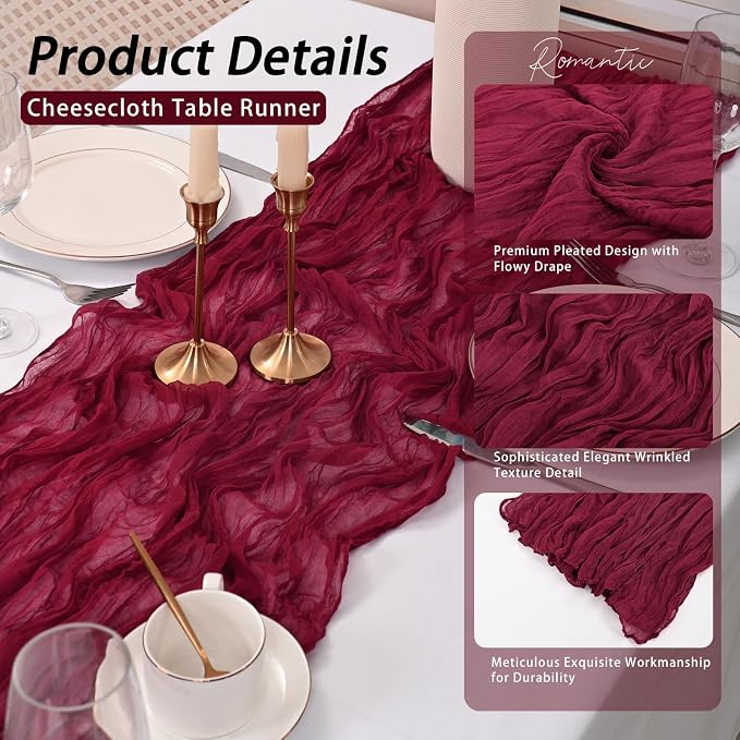 8 Pack Burgundy Cheesecloth Table Runner 17x108 inch Boho Gauze Cheese Cloth - Image 4