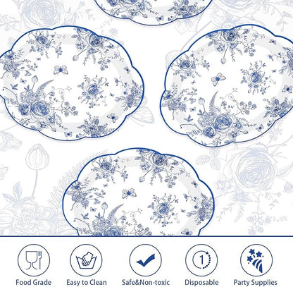 50 Pcs Blue Floral Oval Plates 10" x 12" Large Blue and White Floral Scalloped Plates Disposable Heavy Duty Vintage Flower Dessert Platters for Wedding Bridal Shower Decorations Tea Party Supplies