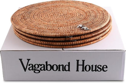Vagabond House Large Woven Rattan Placemats Set of 4, Durable Wicker Placemats with Pewter Anchor Accent, Quality Rattan Chargers, Ideal for Coastal Beach Home