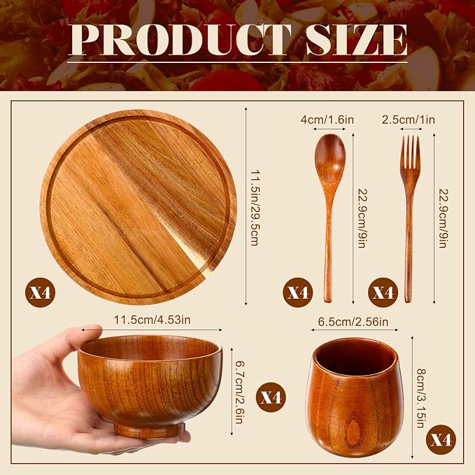 20 Pcs Acacia Wood Dinnerware Set 11.6 Inch Round Wooden Plates Bowls Tea Cups - Image 2