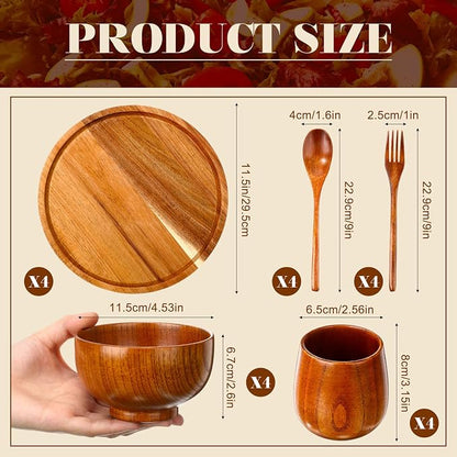 20 Pcs Acacia Wood Dinnerware Set 11.6 Inch Round Wooden Plates Bowls Tea Cups - Image 2