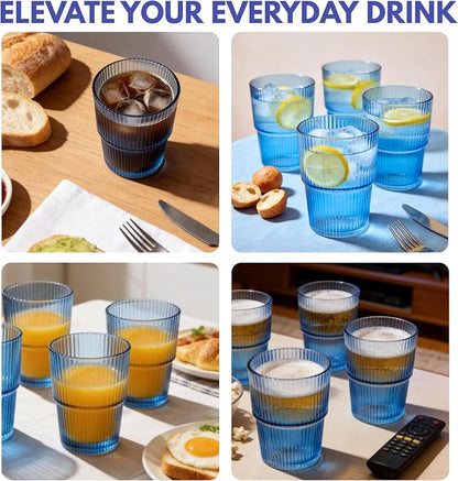 Blue Ribbed Drinking Glasses, 14 fl oz Glass Cups Set of 4 | Aesthetic Style - Image 2