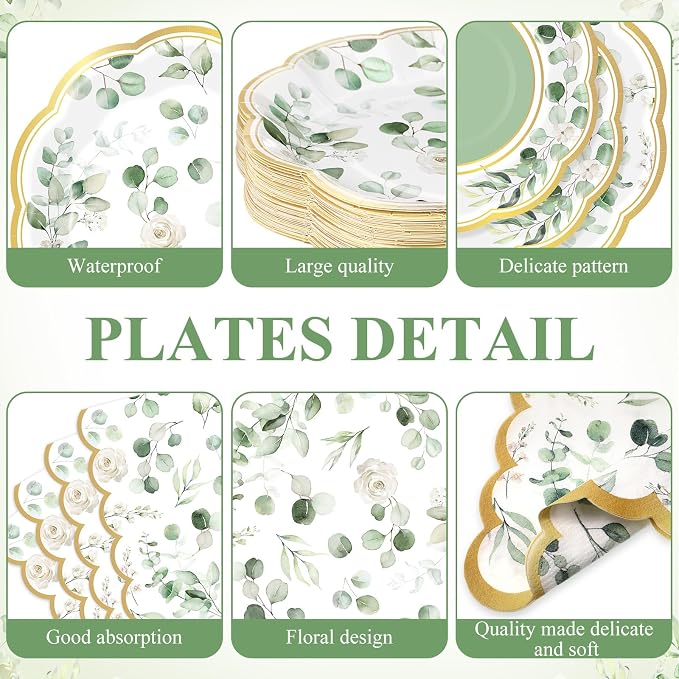 Funnymoom 250 Pcs Sage Green Color Party Decorations Eucalyptus Greenery Plates - Image 2