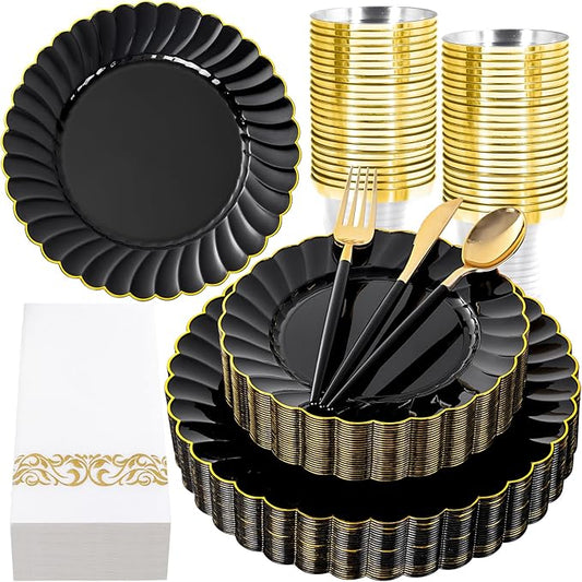 Ciaell 175 PCS Black Scalloped Plastic Plates with Gold Trim - Black Plastic Silverware with Handle - Fancy High-End Dinnerware Sets for Wedding & Party