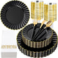 Ciaell 175 PCS Black Scalloped Plastic Plates with Gold Trim - Black Plastic Silverware with Handle - Fancy High-End Dinnerware Sets for Wedding & Party