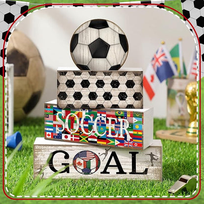 Moucuny 4 Pcs Soccer Table Decor Wooden Sport Tiered Tray Decor National Flags - Image 2