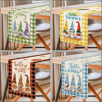 4 Pcs Cute Gnomes Buffalo Plaid Table Runner 72 Inches Long, Hello Spring Hello - Image 3