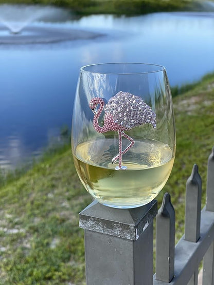 THE QUEENS' JEWELS – Flamingo Stemmed Wine Glass, 21 oz. – Eye-Catching Sparkling Jewels – Hand-Decorated Glassware – Not Painted – Dazzling and Unique