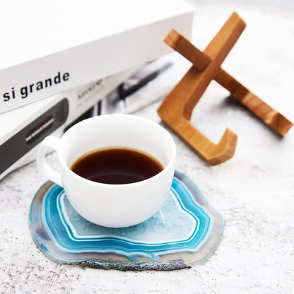 Luxury Lane Large Natural Brazilian Agate Slice Geode Rock Stone Drink Coaster with Wood Holder 4.7-5.5 inch Centerpiece Table Decoration, Teal