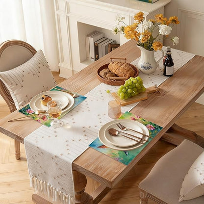 Table Placemats Set of 6, Waterproof Linen Fabric, Non-Slip Backing & Easy Clean, Elegant Dining Table Protectors for Family and Guests(Watercolor Hummingbird Flowers)