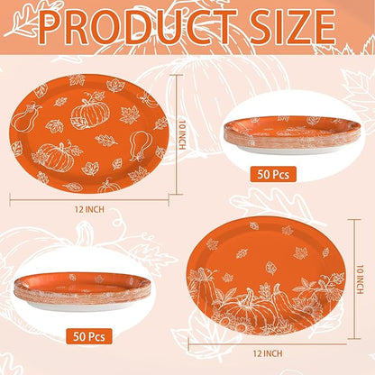 50Pcs Fall Pumpkins Oval Paper Plate Thanksgiving Plate 10" X 12" Large Disposable Heavy Duty Burnt Orange Pumpkin Autumn Leaves Platter for Terracotta Fall Harvest Thanksgiving Party Decoration
