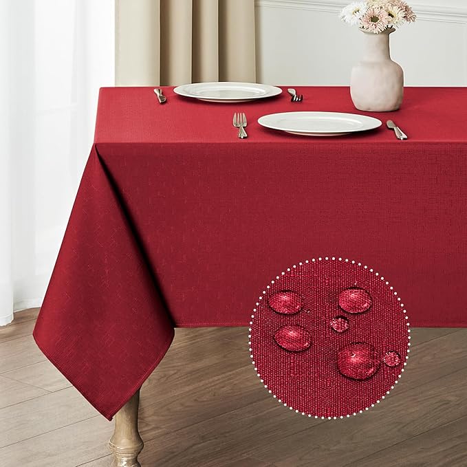 2 Pack Rectangle Tablecloth, 60x84 inch, Water Resistant Wrinkle Free Linen Textured Table Cloth Washable, Decorative Fabric Table Cover for Dining, Party and Camping, Red