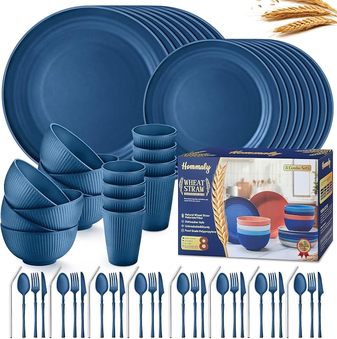 Wheat Straw Dinnerware Sets, 64-Piece Plates and Bowls Sets by HOMMALY
