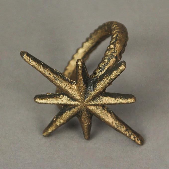 Set of 6 Mid-Century Starburst Napkin Rings, Antique Gold Cast Iron | Each 2.75 - Image 2