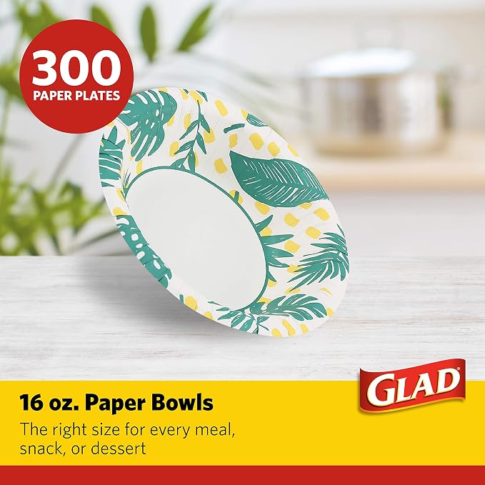 Glad Round Disposable Paper Bowls, Palm Leaves, 16 Oz, soak-proof and - Image 2