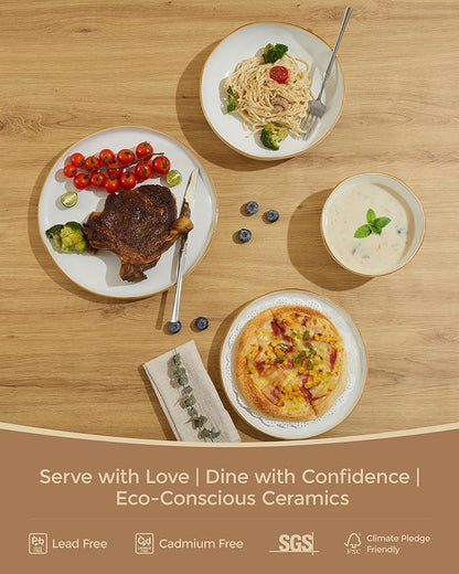 32 Piece White Dinnerware Set with Pasta Bowls, Reactive Glaze Stoneware for 8 | Perfect for Multi‑Course Dinners, Hosting Large Groups, Holiday Serving Needs