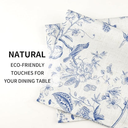 QIYI Boho Placemats Set of 6, 12x18 Inch Linen Fabric Place Mats for Kitchen Dinning, Farmhouse Rustic Floral Cloth Table Mats, Washable Placemat Botanical Party Table Décor, Blue Garden